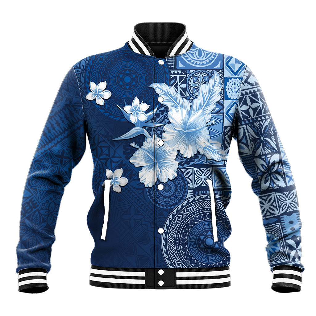 Hawaii Tapa Pattern With Navy Hibiscus Baseball Jacket