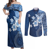 Hawaii Tapa Pattern With Navy Hibiscus Couples Matching Off Shoulder Maxi Dress and Long Sleeve Button Shirt