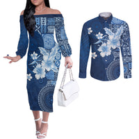 Hawaii Tapa Pattern With Navy Hibiscus Couples Matching Off The Shoulder Long Sleeve Dress and Long Sleeve Button Shirt