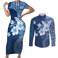 Hawaii Tapa Pattern With Navy Hibiscus Couples Matching Short Sleeve Bodycon Dress and Long Sleeve Button Shirt