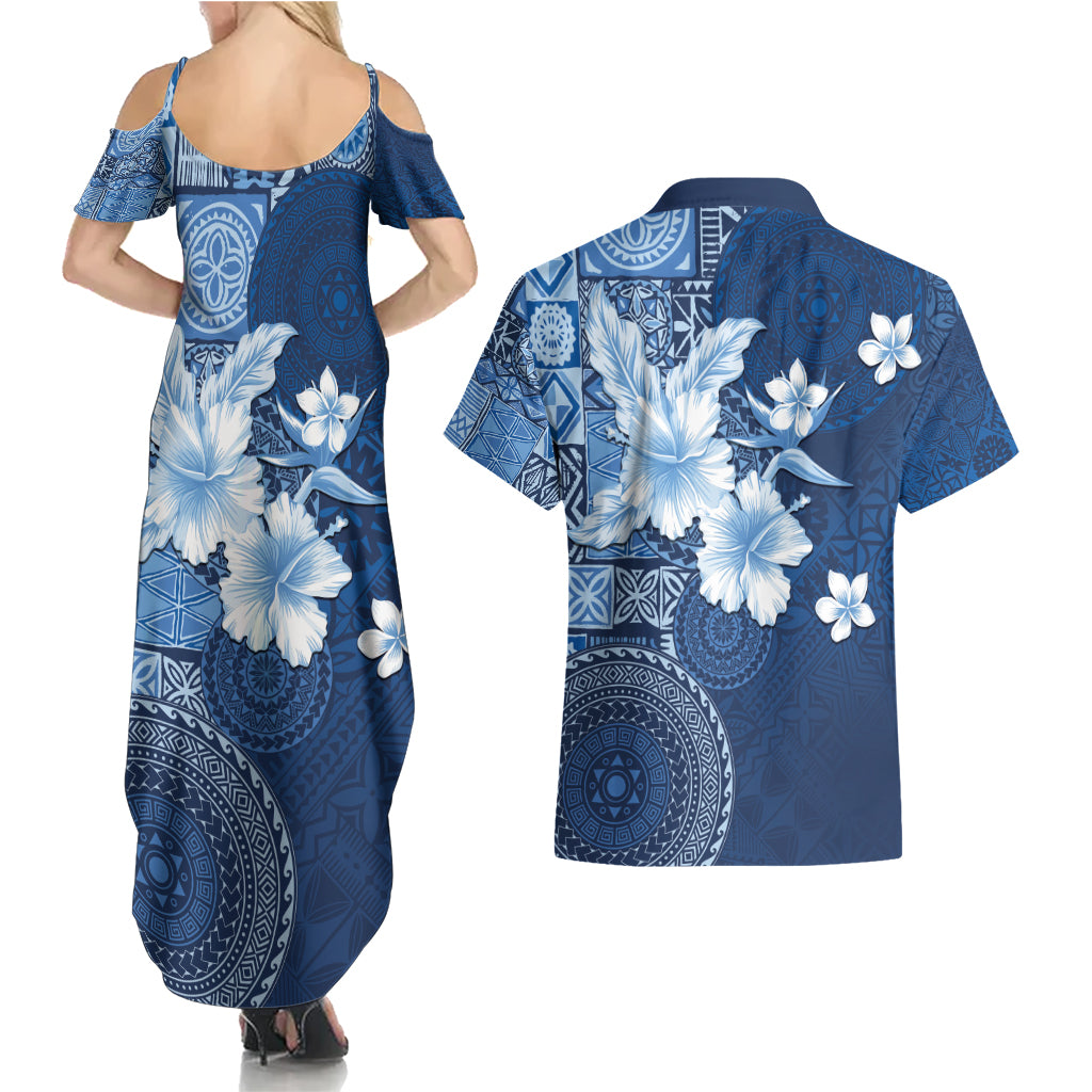 Hawaii Tapa Pattern With Navy Hibiscus Couples Matching Summer Maxi Dress and Hawaiian Shirt