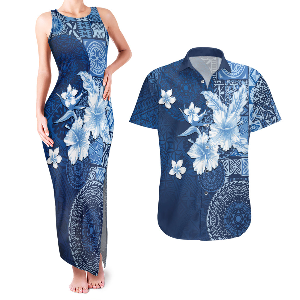Hawaii Tapa Pattern With Navy Hibiscus Couples Matching Tank Maxi Dress and Hawaiian Shirt