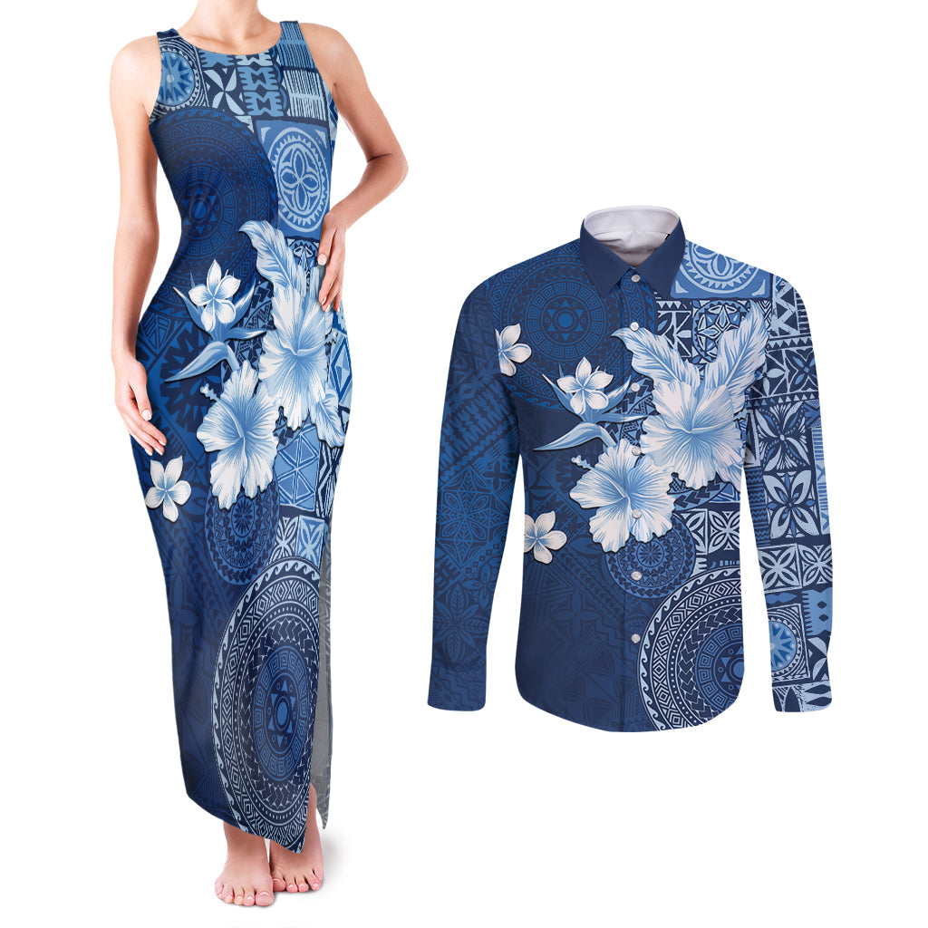 Hawaii Tapa Pattern With Navy Hibiscus Couples Matching Tank Maxi Dress and Long Sleeve Button Shirt