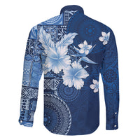 Hawaii Tapa Pattern With Navy Hibiscus Family Matching Long Sleeve Bodycon Dress and Hawaiian Shirt