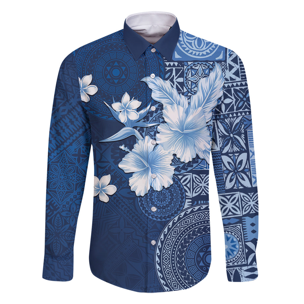 Hawaii Tapa Pattern With Navy Hibiscus Family Matching Off Shoulder Maxi Dress and Hawaiian Shirt