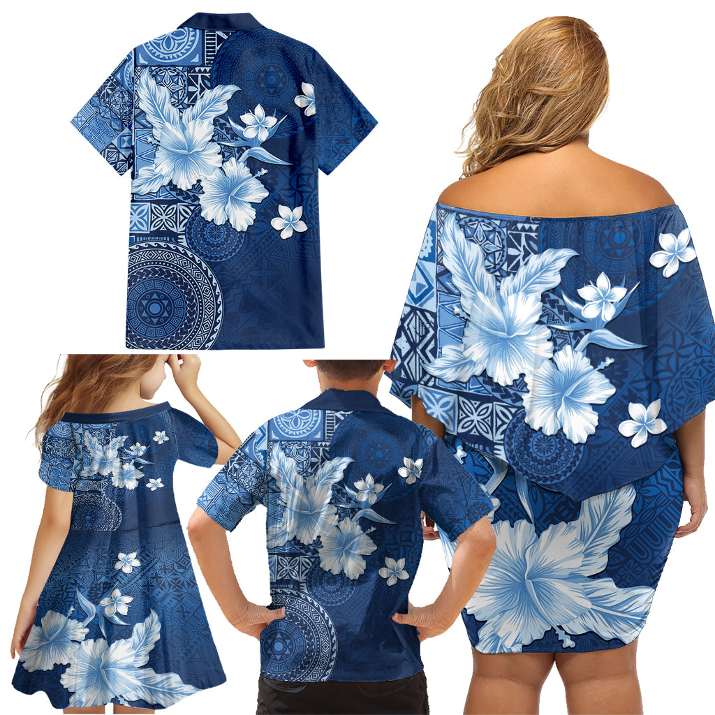 Hawaii Tapa Pattern With Navy Hibiscus Family Matching Off Shoulder Short Dress and Hawaiian Shirt