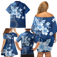 Hawaii Tapa Pattern With Navy Hibiscus Family Matching Off Shoulder Short Dress and Hawaiian Shirt