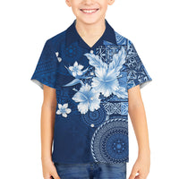 Hawaii Tapa Pattern With Navy Hibiscus Family Matching Off Shoulder Short Dress and Hawaiian Shirt