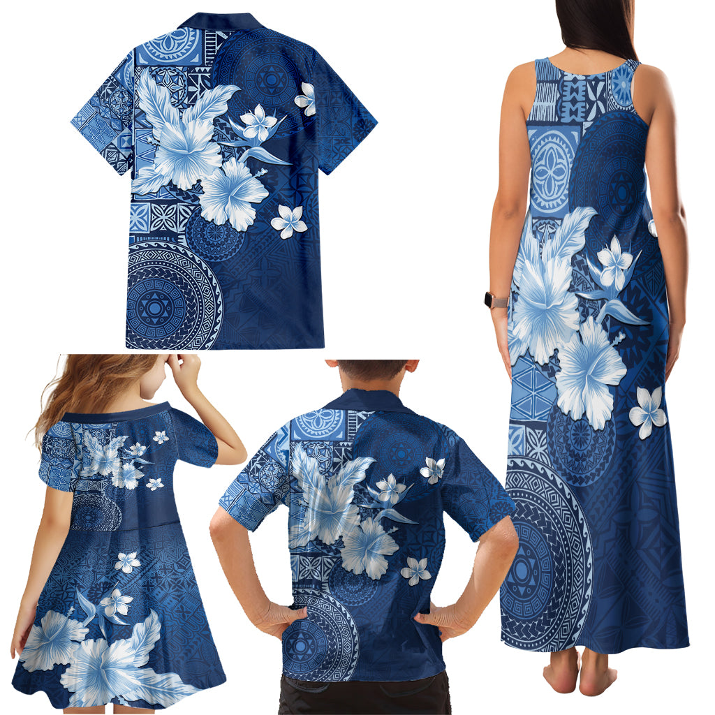 Hawaii Tapa Pattern With Navy Hibiscus Family Matching Tank Maxi Dress and Hawaiian Shirt