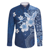 Hawaii Tapa Pattern With Navy Hibiscus Family Matching Tank Maxi Dress and Hawaiian Shirt