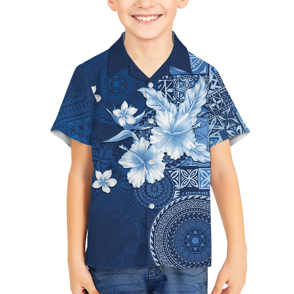 Hawaii Tapa Pattern With Navy Hibiscus Kid Hawaiian Shirt LT05 Kid Navy - Polynesian Pride