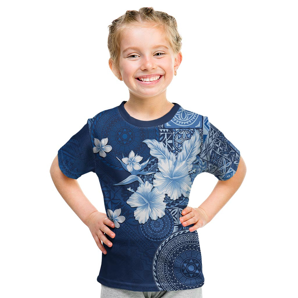 Hawaii Tapa Pattern With Navy Hibiscus Kid T Shirt LT05 Navy - Polynesian Pride