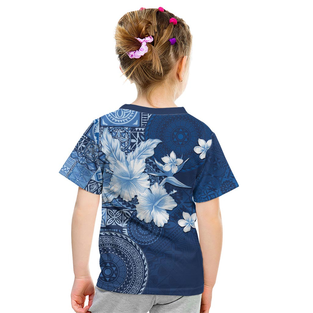 Hawaii Tapa Pattern With Navy Hibiscus Kid T Shirt LT05 - Polynesian Pride