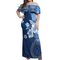 Hawaii Tapa Pattern With Navy Hibiscus Off Shoulder Maxi Dress