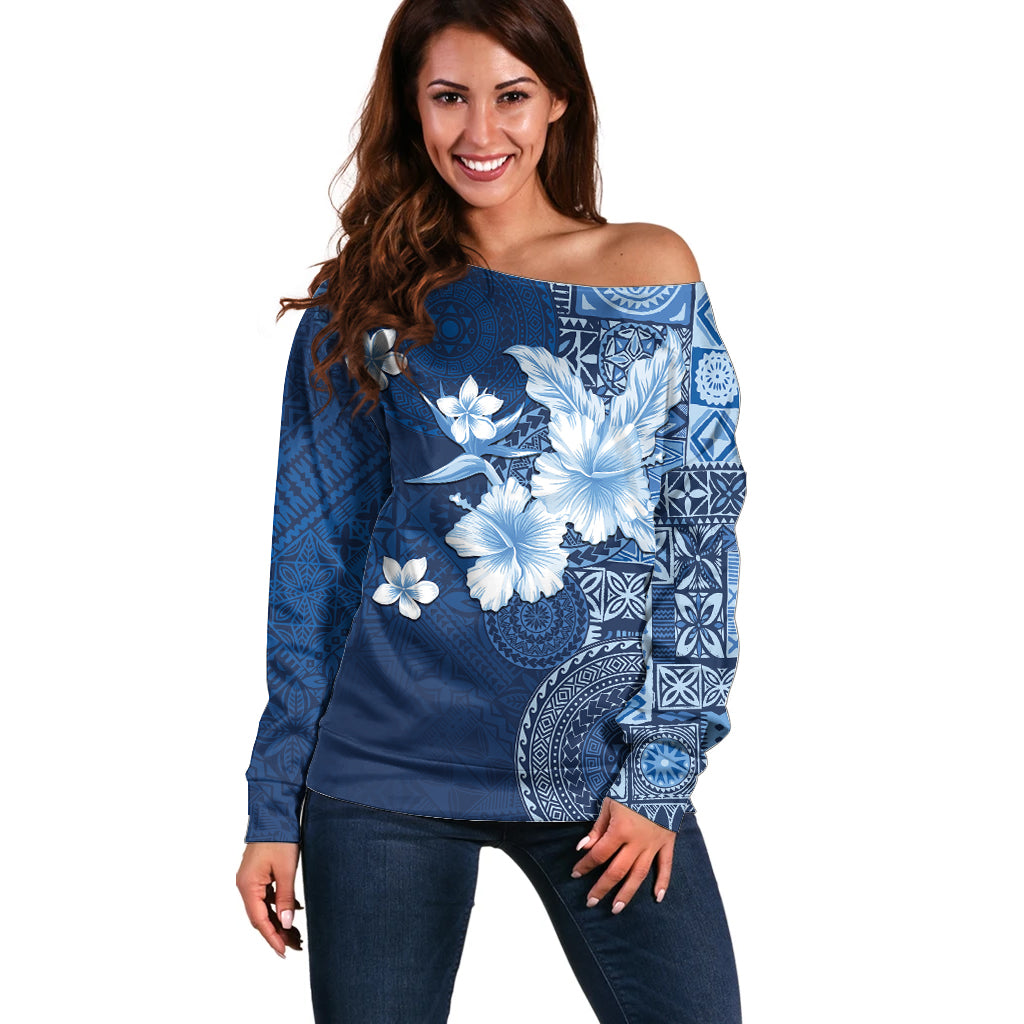 Hawaii Tapa Pattern With Navy Hibiscus Off Shoulder Sweater