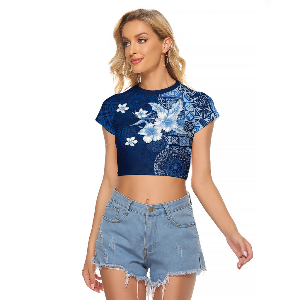 Hawaii Tapa Pattern With Navy Hibiscus Raglan Cropped T Shirt LT05 Female Navy - Polynesian Pride