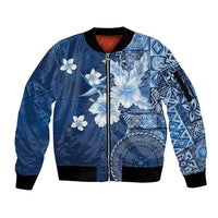 Hawaii Tapa Pattern With Navy Hibiscus Sleeve Zip Bomber Jacket