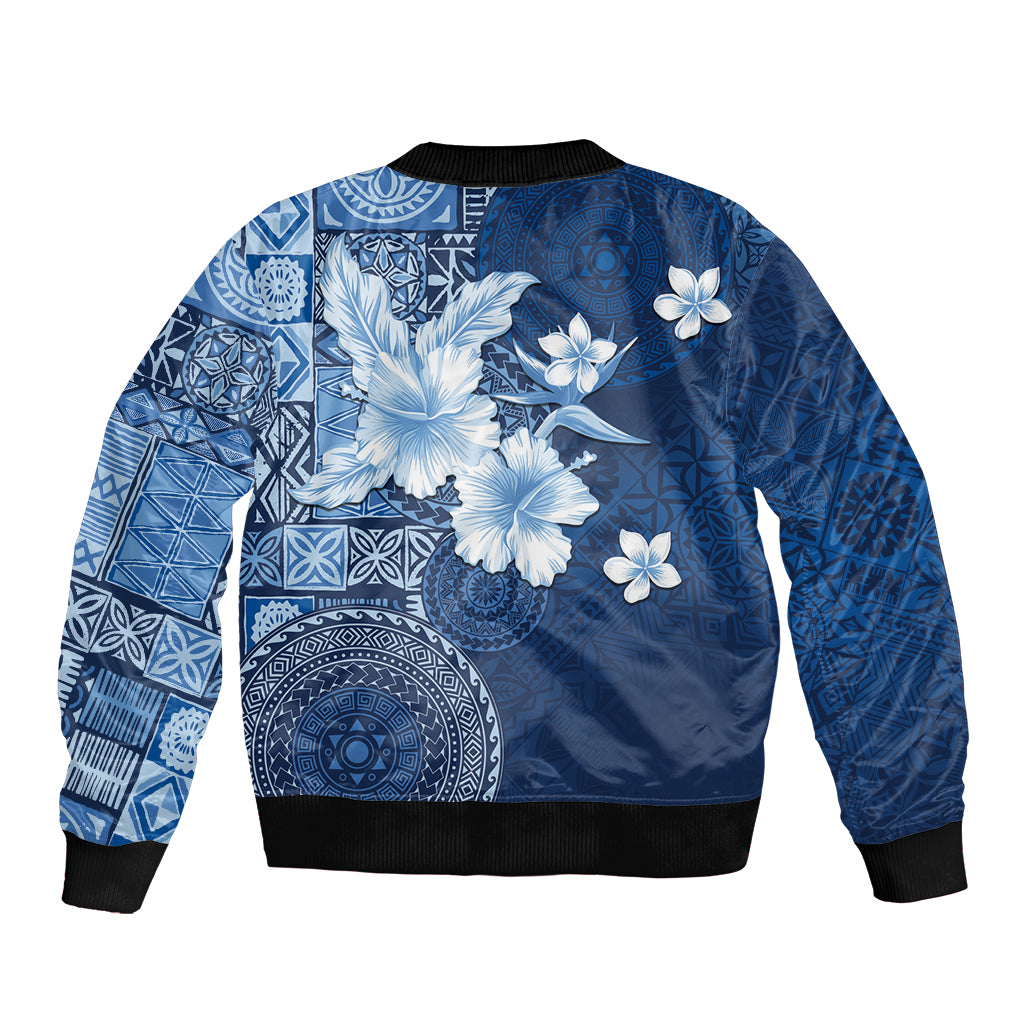 Hawaii Tapa Pattern With Navy Hibiscus Sleeve Zip Bomber Jacket