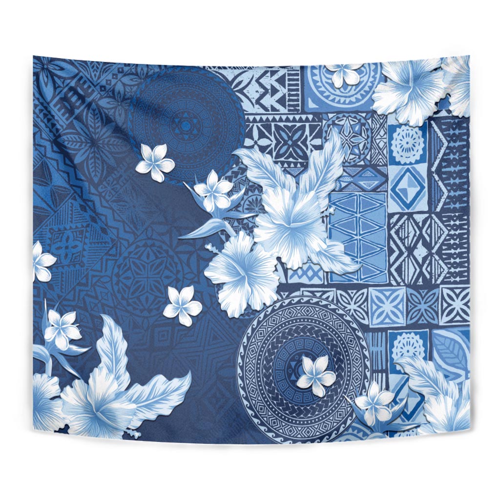 Hawaii Tapa Pattern With Navy Hibiscus Tapestry