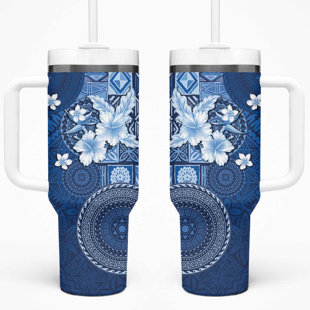 Hawaii Tapa Pattern With Navy Hibiscus Tumbler With Handle