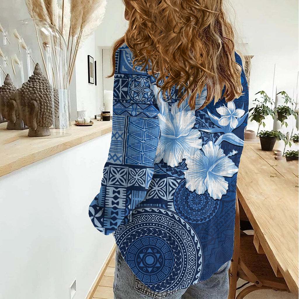 Hawaii Tapa Pattern With Navy Hibiscus Women Casual Shirt