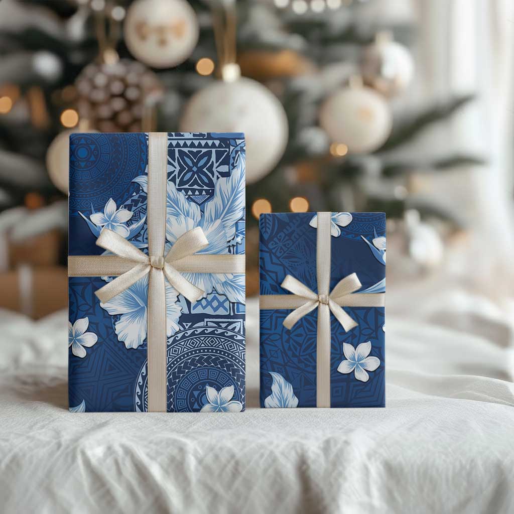 Hawaii Tapa Pattern With Navy Hibiscus Wrapping Paper - Polynesian Pride