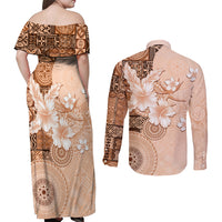 Hawaii Tapa Pattern With Brown Hibiscus Couples Matching Off Shoulder Maxi Dress and Long Sleeve Button Shirt