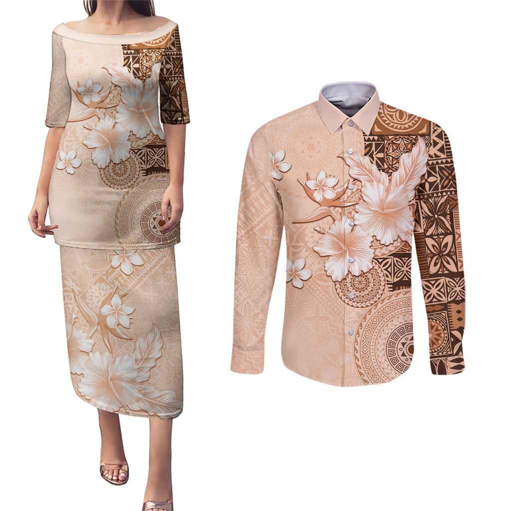 Hawaii Tapa Pattern With Brown Hibiscus Couples Matching Puletasi and Long Sleeve Button Shirt