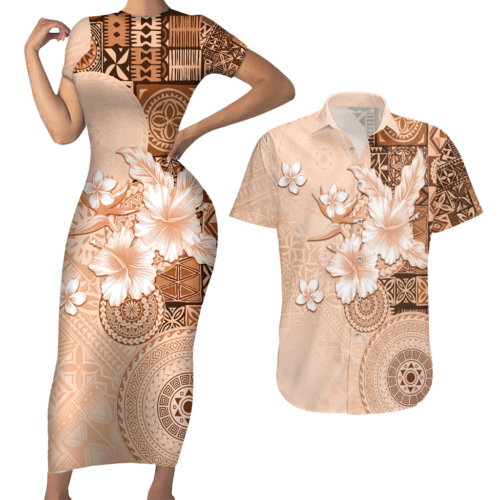 Hawaii Tapa Pattern With Brown Hibiscus Couples Matching Short Sleeve Bodycon Dress and Hawaiian Shirt