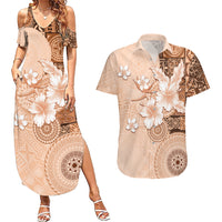 Hawaii Tapa Pattern With Brown Hibiscus Couples Matching Summer Maxi Dress and Hawaiian Shirt