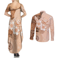 Hawaii Tapa Pattern With Brown Hibiscus Couples Matching Summer Maxi Dress and Long Sleeve Button Shirt