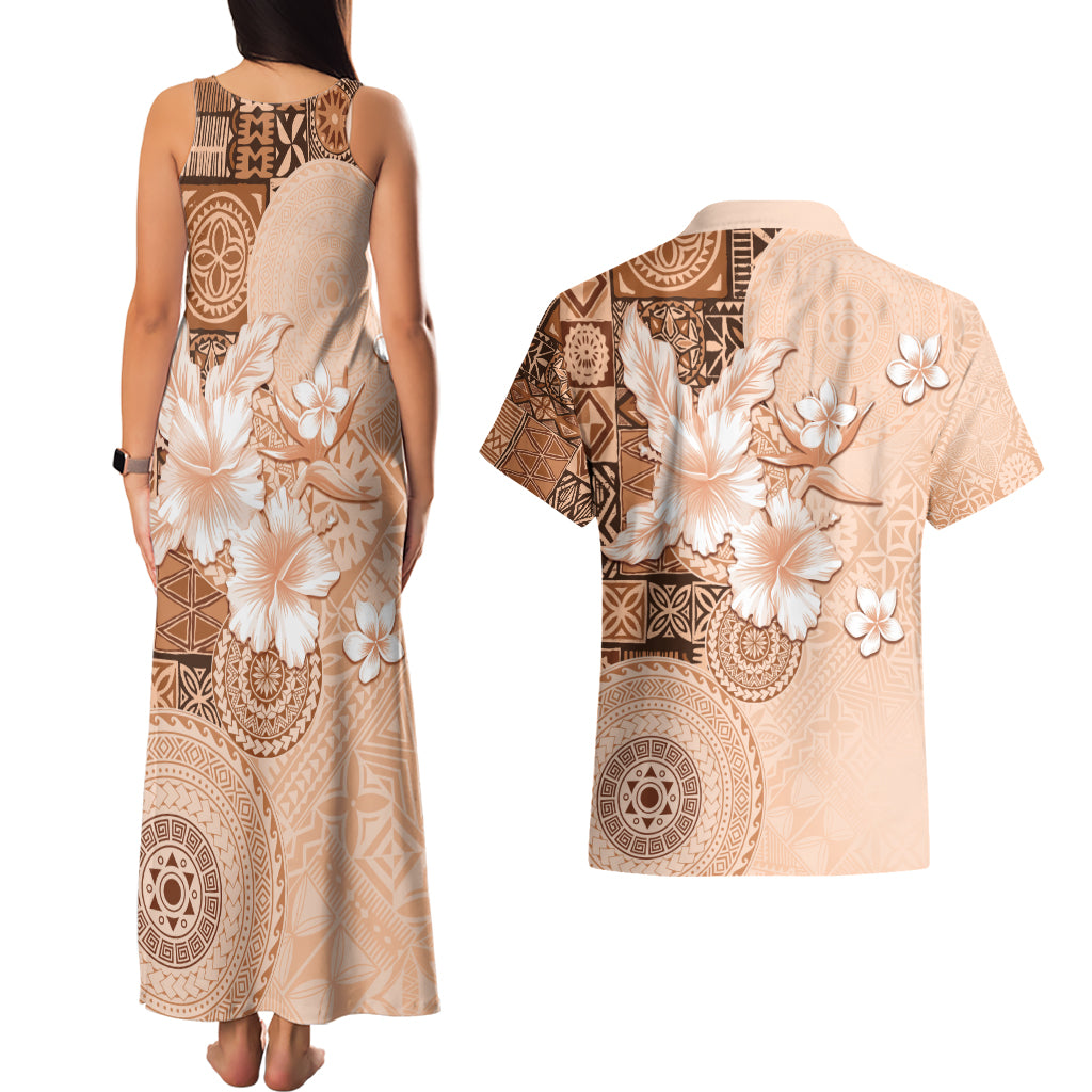 Hawaii Tapa Pattern With Brown Hibiscus Couples Matching Tank Maxi Dress and Hawaiian Shirt