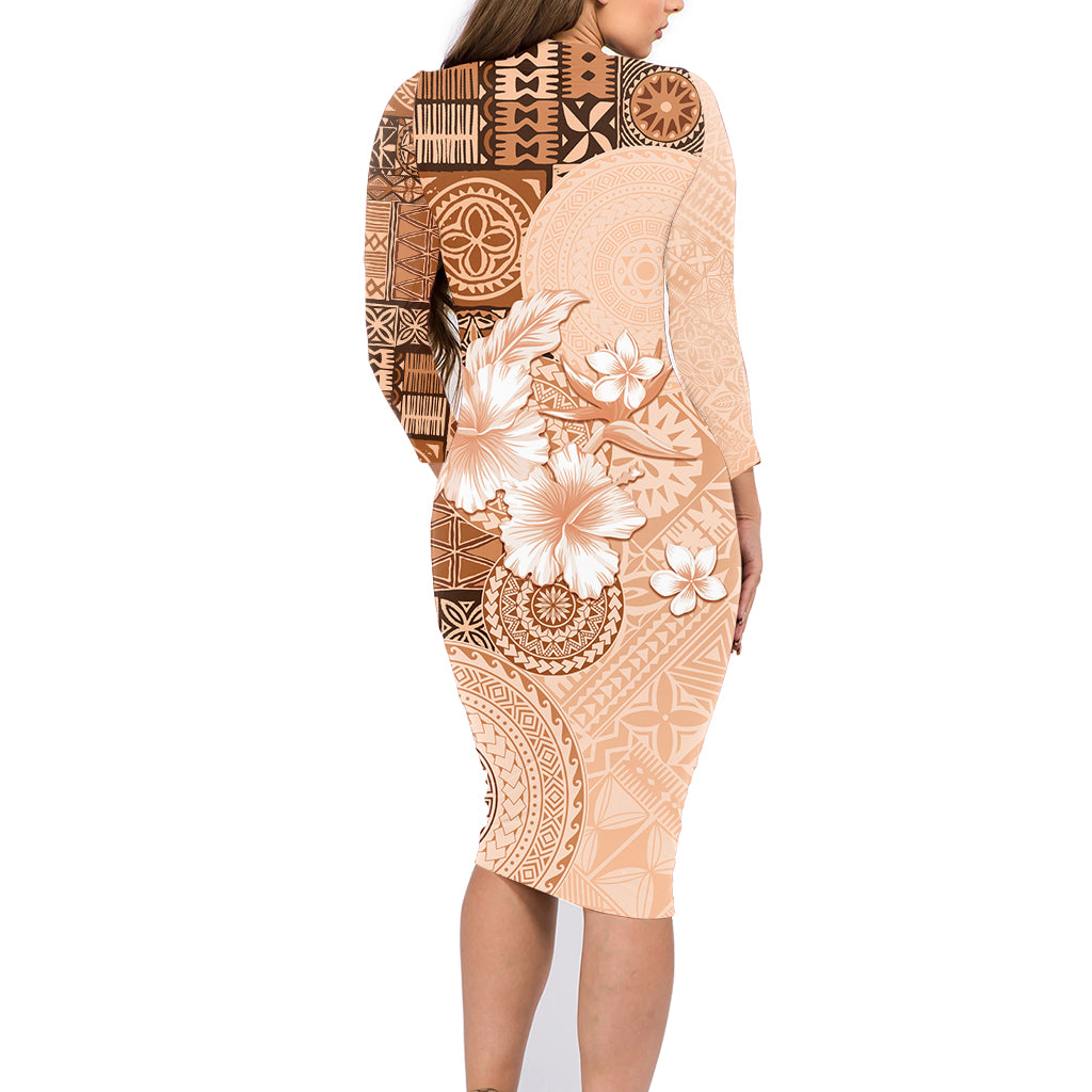 Hawaii Tapa Pattern With Brown Hibiscus Family Matching Long Sleeve Bodycon Dress and Hawaiian Shirt