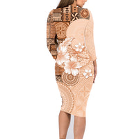 Hawaii Tapa Pattern With Brown Hibiscus Family Matching Long Sleeve Bodycon Dress and Hawaiian Shirt