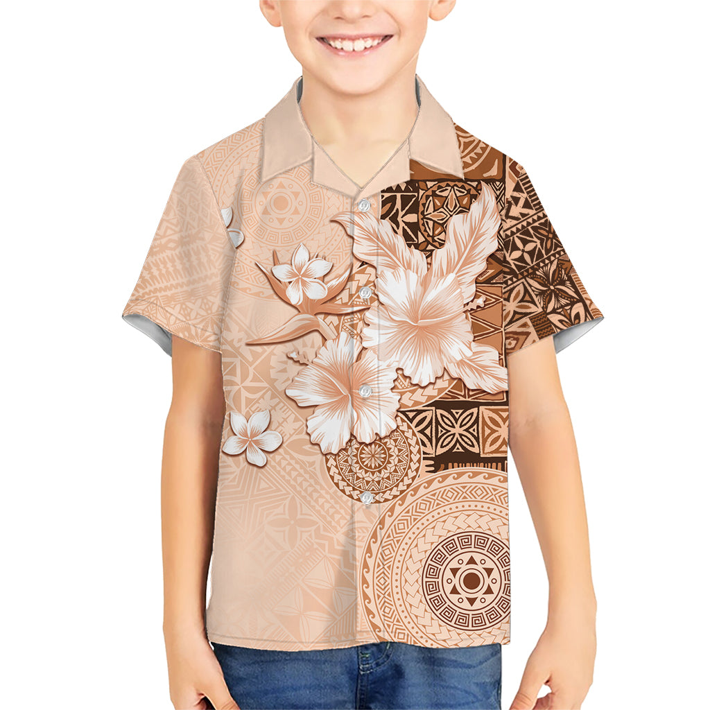Hawaii Tapa Pattern With Brown Hibiscus Kid Hawaiian Shirt LT05 Kid Brown - Polynesian Pride