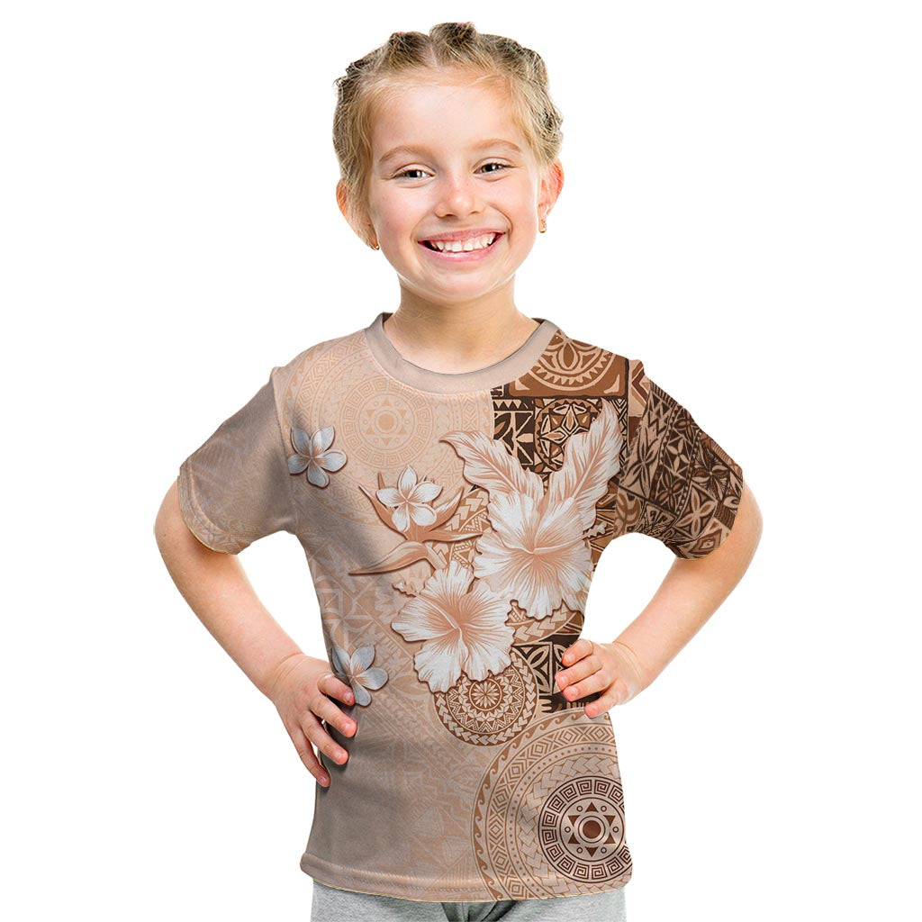 Hawaii Tapa Pattern With Brown Hibiscus Kid T Shirt LT05 Brown - Polynesian Pride