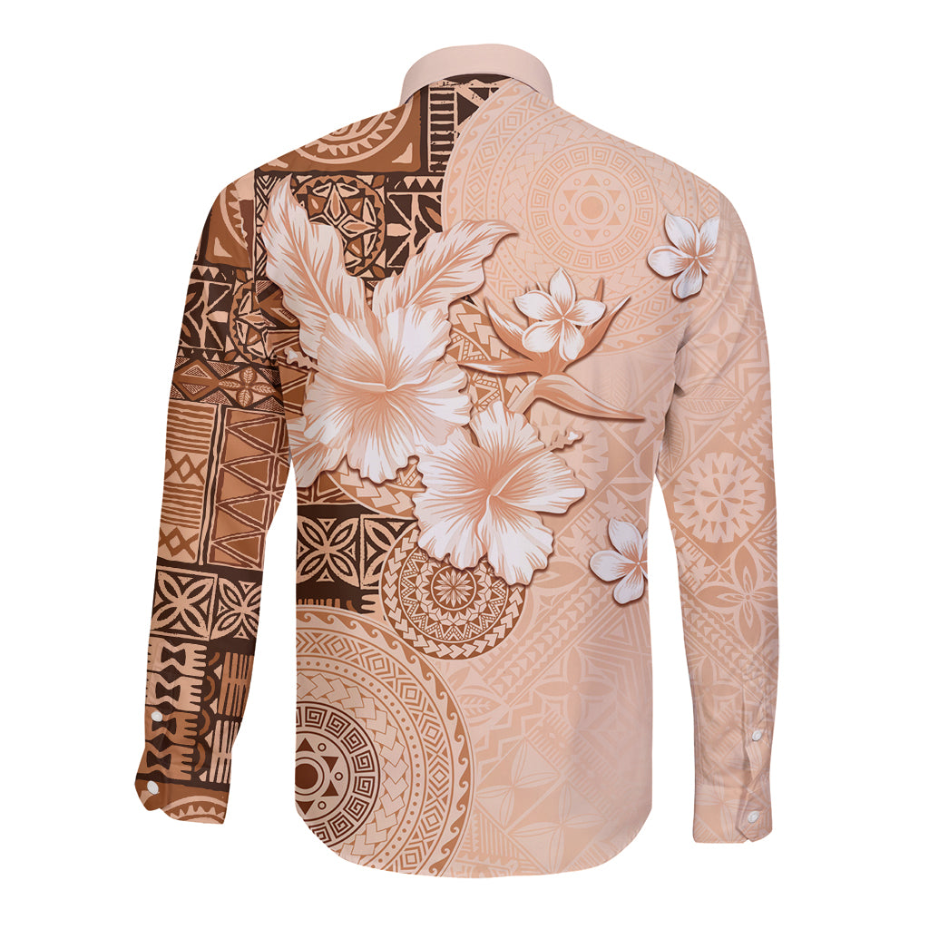 Hawaii Tapa Pattern With Brown Hibiscus Long Sleeve Button Shirt
