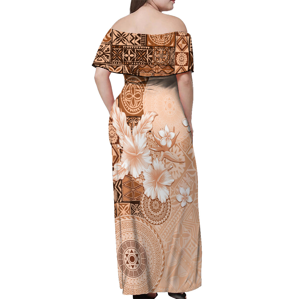Hawaii Tapa Pattern With Brown Hibiscus Off Shoulder Maxi Dress