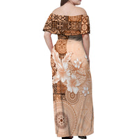 Hawaii Tapa Pattern With Brown Hibiscus Off Shoulder Maxi Dress