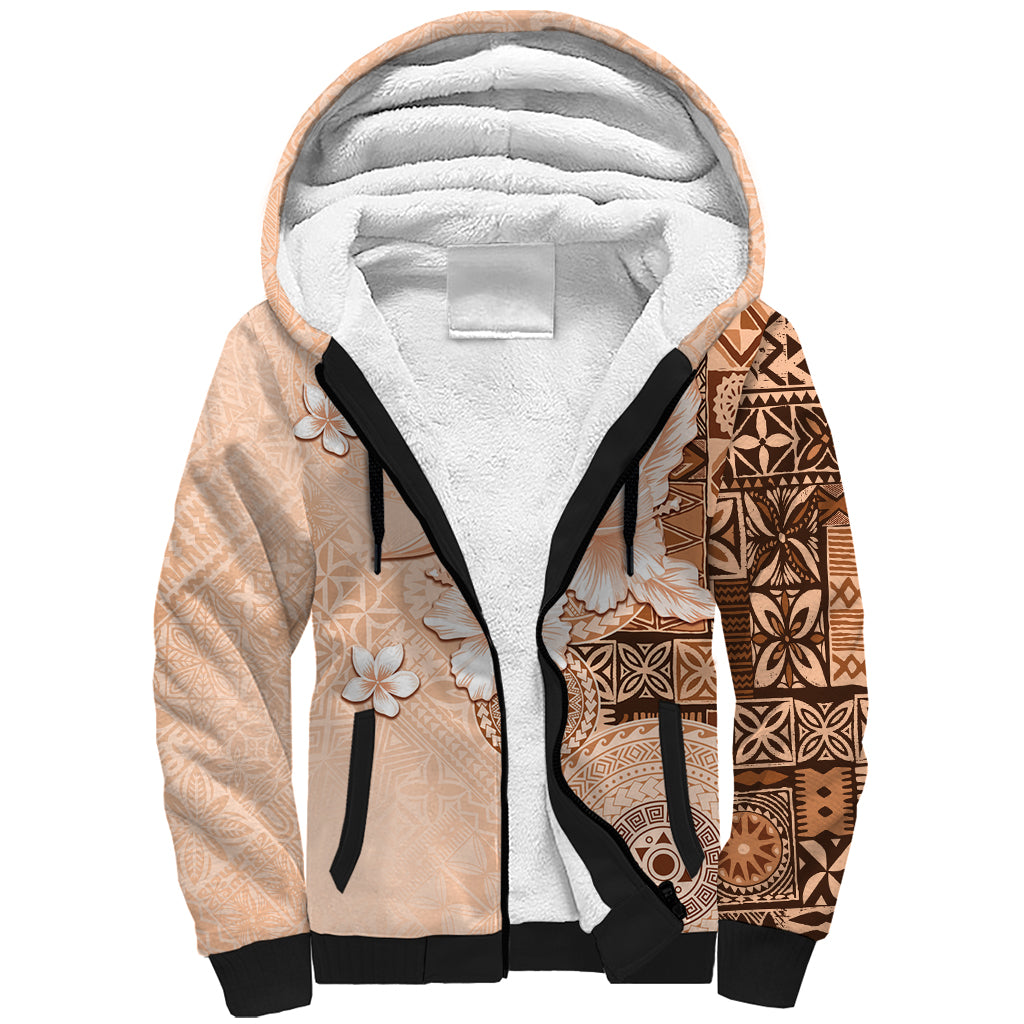 Hawaii Tapa Pattern With Brown Hibiscus Sherpa Hoodie