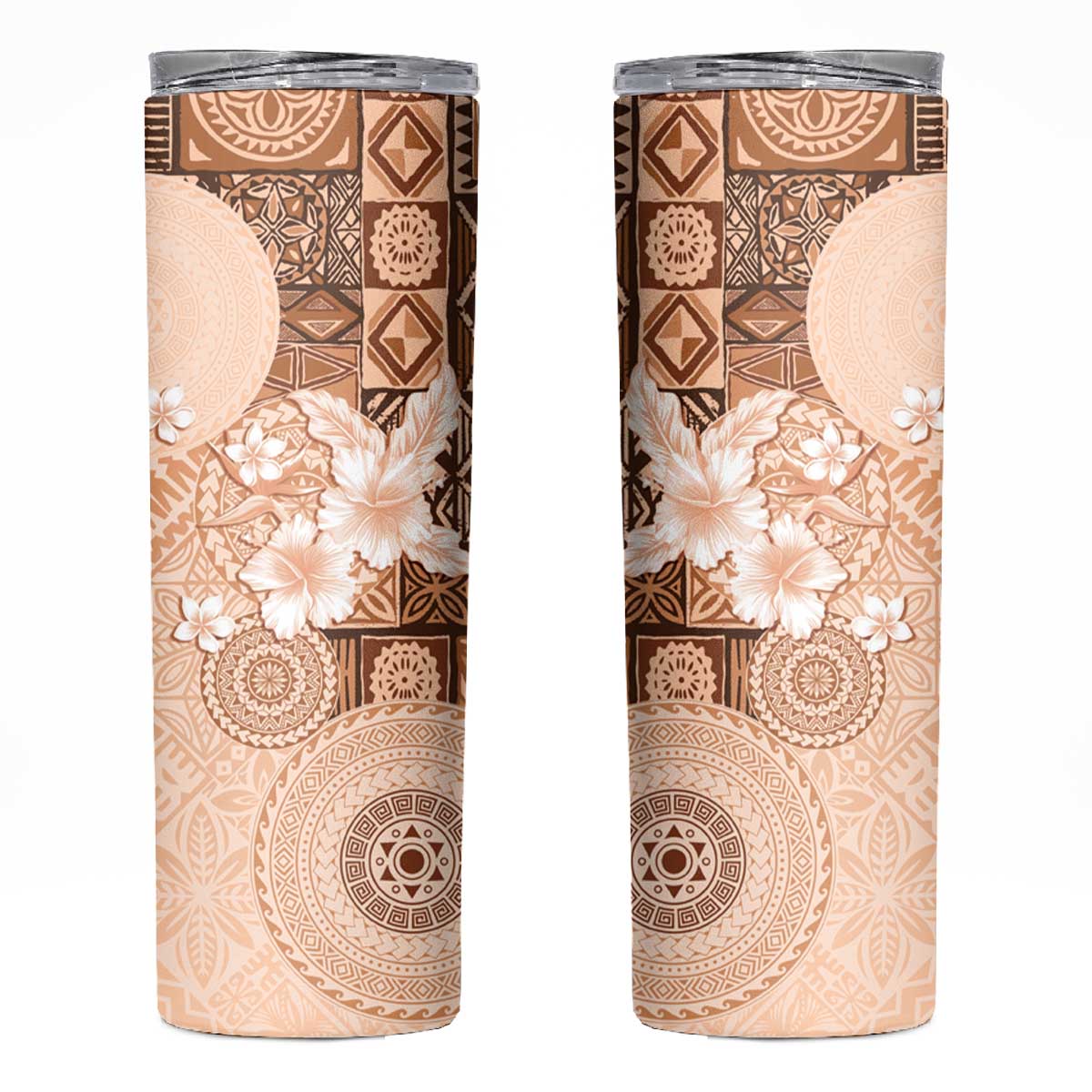 Hawaii Tapa Pattern With Brown Hibiscus Skinny Tumbler