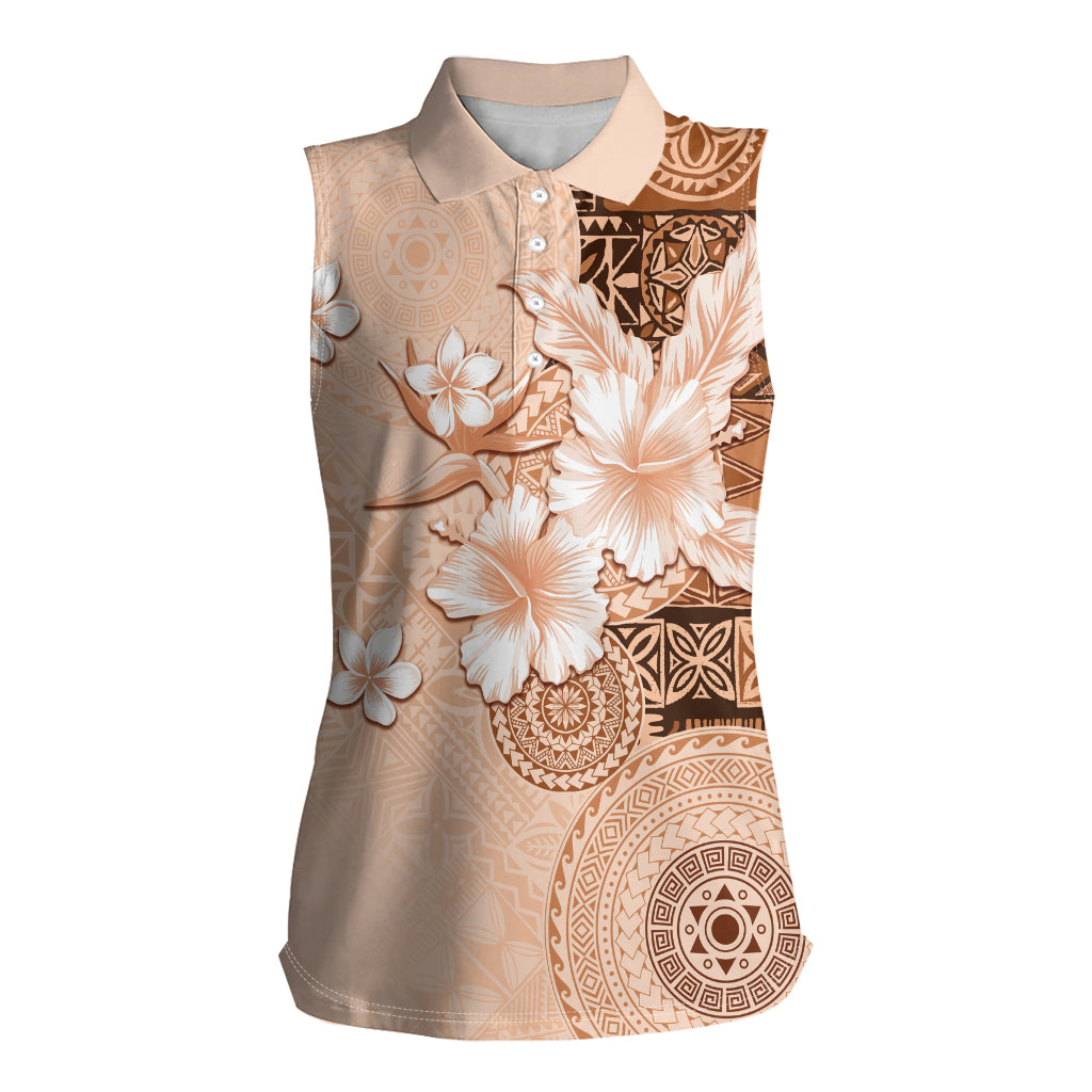 Hawaii Tapa Pattern With Brown Hibiscus Women Sleeveless Polo Shirt LT05 Female Brown - Polynesian Pride