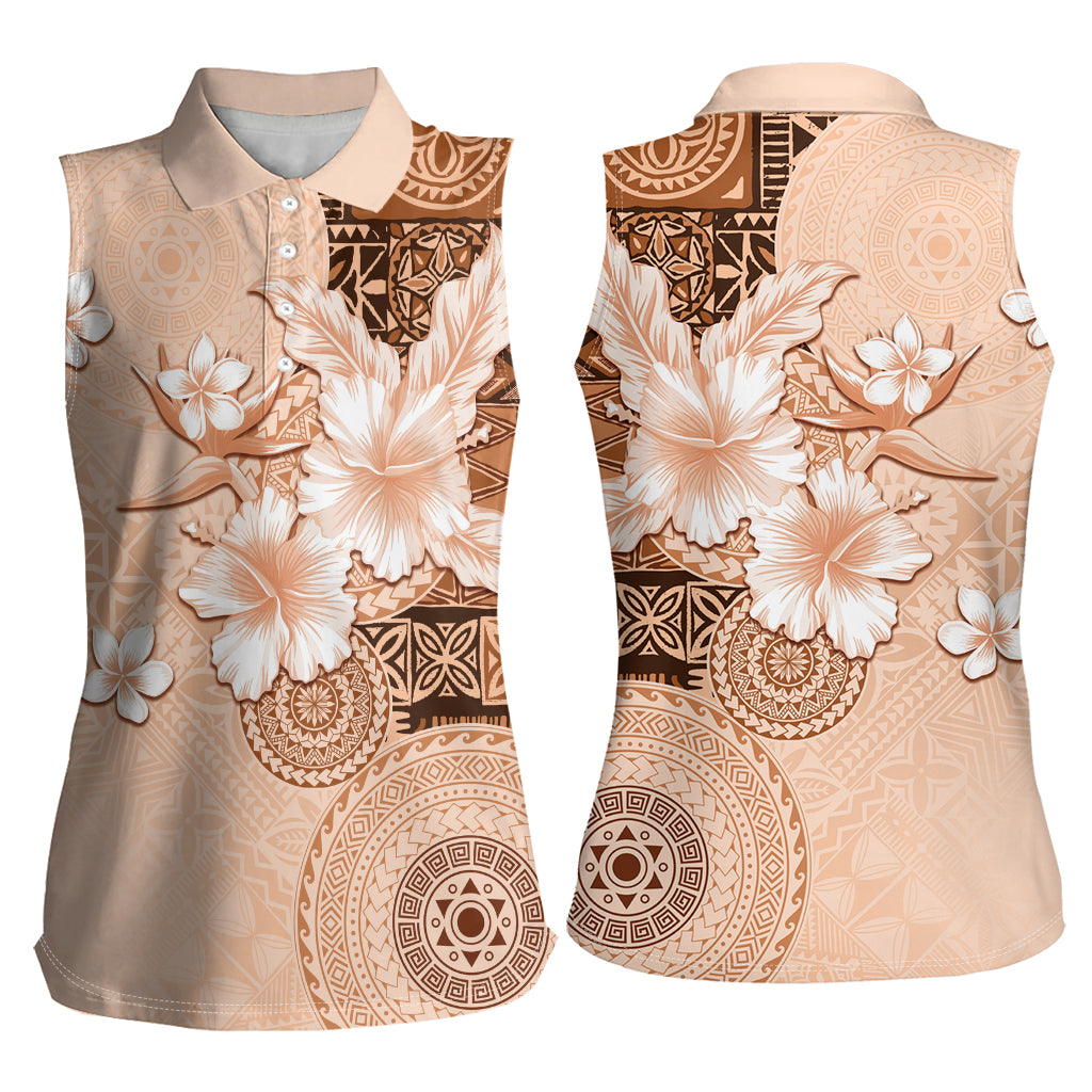 Hawaii Tapa Pattern With Brown Hibiscus Women Sleeveless Polo Shirt LT05 - Polynesian Pride
