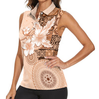 Hawaii Tapa Pattern With Brown Hibiscus Women Sleeveless Polo Shirt LT05 - Polynesian Pride