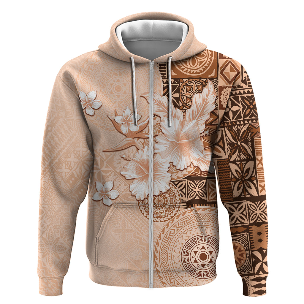 Hawaii Tapa Pattern With Brown Hibiscus Zip Hoodie