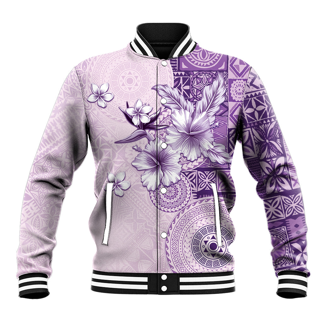 Hawaii Tapa Pattern With Violet Hibiscus Baseball Jacket LT05 Unisex Violet - Polynesian Pride