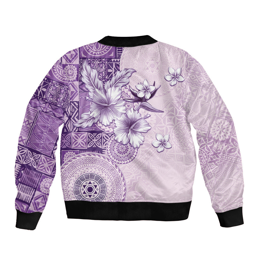 Hawaii Tapa Pattern With Violet Hibiscus Bomber Jacket