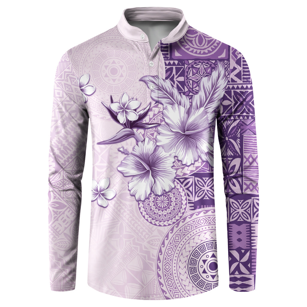 Hawaii Tapa Pattern With Violet Hibiscus Button Sweatshirt LT05 Violet - Polynesian Pride