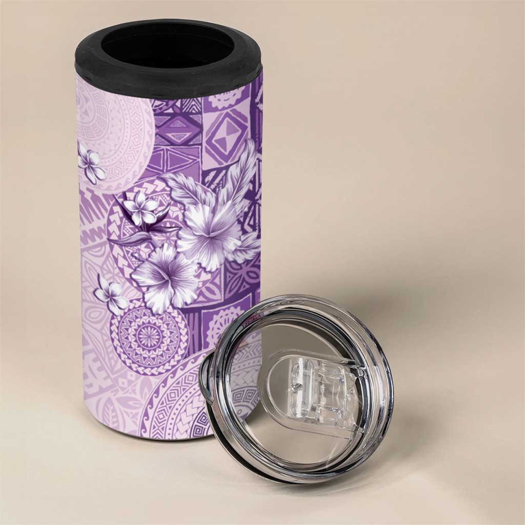 Hawaii Tapa Pattern With Violet Hibiscus 4 in 1 Can Cooler Tumbler