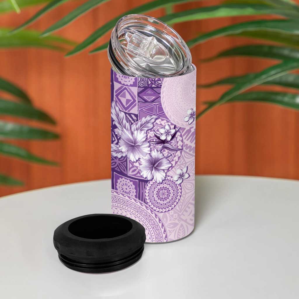 Hawaii Tapa Pattern With Violet Hibiscus 4 in 1 Can Cooler Tumbler